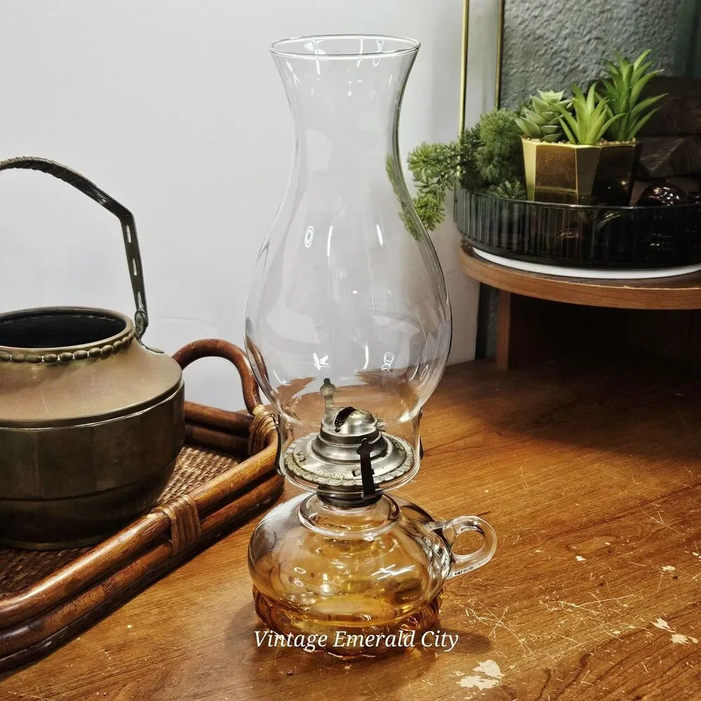 Vtg Miniature Amber Adjustable Wick Glass Oil Lamp China Hong Kong With Chimney